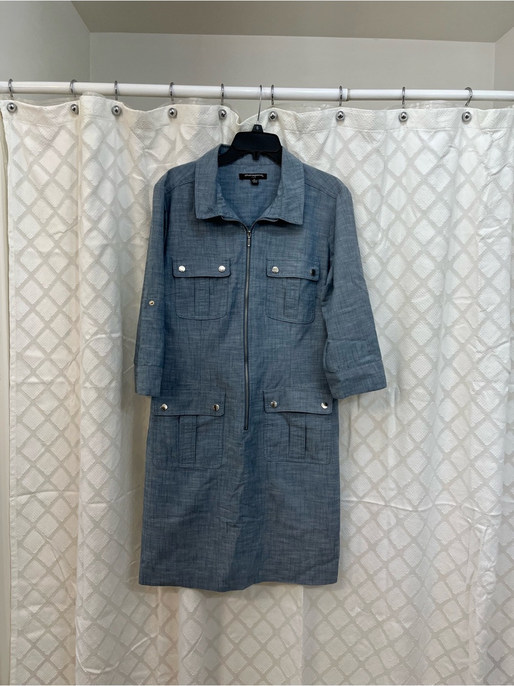 Sharagano Blue Chambray Zip-Front Utility Dress